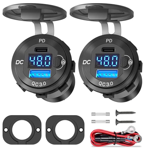 2 Pack High Voltage USB Outlet 12V 24V 36V 48V 60V Aluminum Car Charger Socket, PD 30W USB C and QC 36W Car USB Port Waterproof Cigarette Lighter Power Adapter DIY Kit with Switch for Ship Truck, etc. - color: 2 Pack