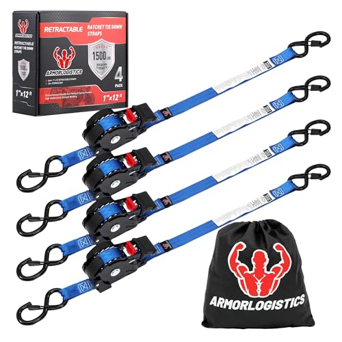 Retractable Ratchet Straps 4 Pack, 1 in x 12 FT Auto Ratchet Straps for Motorcycle, Kayak and Trucks, Breaking Strength 1,500LBS/500LBS Working Load Limit Blue - color: Blue