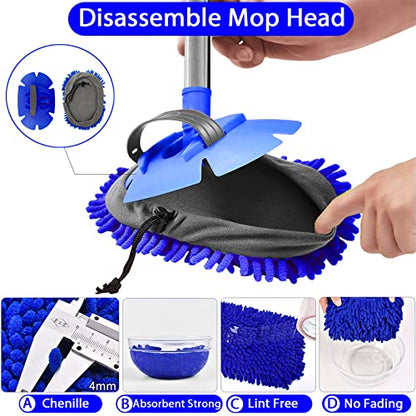 WillingHeart 63" Car Wash Mop Brush Tool Mitt with Long Handle Length More Suitable for Washing American Cars Truck, SUV, RV, Trailer, 2 in 1 Chenille Microfiber Duster Not Hurt Paint Scratch Free - color: Blue