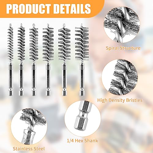 6Pieces Wire Brush Drill Bore Cleaning Brushes Set,with 1/4 Inch Hex Shank Stainless Steel Wire Twisted Brush for Rust, Cleaning Tubes (8/10/12/15/17/19MM) ﻿