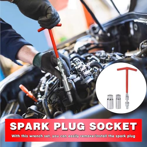 ijuicy 3 PCS Car Spark Plug Gap Tool, T-Handle Universal Joint Spark Plug Socket Wrench Set, 16mm (5/8") and 21mm (13/16") Spark Plug Removal Tool (Red)