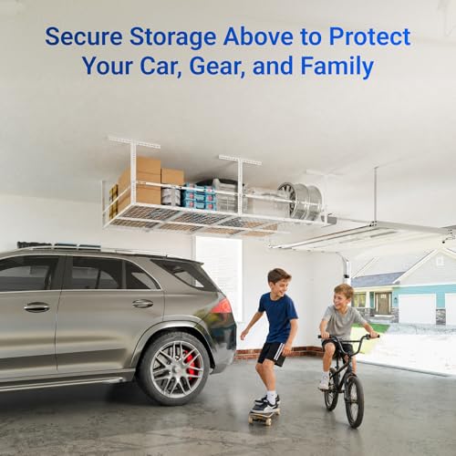 FLEXIMOUNTS 4x8ft Overhead Garage Storage Rack with Safety Rails, White | 750lbs Capacity, Adjustable 22-40" Height, 3-Sided Guard Rails, Heavy Duty Metal, Ceiling Storage System - color: White