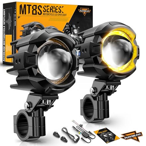 Auxbeam Motorcycle Auxiliary Lights Fog Lights LED Driving Light Spotlight with Halo DRL, White/Amber 8 Modes Dual-Color Strobe LED Offroad Work Lights for Motorcycle SUV ATV Trucks