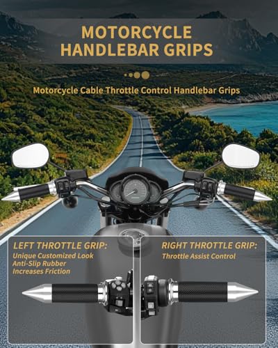 7/8" Motorcycle Hand Grips with Throttle Assist Non-Slip Hand Grip for Harley Yamaha Kawasiki Suzuki Cruisers Motorbikes Choppers Spiked Grips - color: black/Chrome