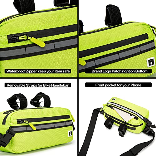 ROYALFAIR Waterproof Bike Handlebar Bag with Reflective Strips & Shoulder Strap, Bicycle Front Frame Storage Pouch for Mountain Road Cycling Commuting (Neo Green) - color: Neo Green