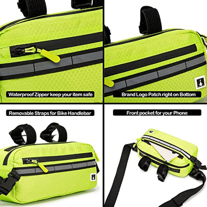ROYALFAIR Waterproof Bike Handlebar Bag with Reflective Strips & Shoulder Strap, Bicycle Front Frame Storage Pouch for Mountain Road Cycling Commuting (Neo Green) - color: Neo Green
