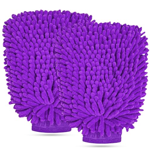 2 PCS Car Wash Mitt, Scratch-Free & Lint-Free Chenille Microfiber Wash Mitts, Highly Absorbent Double-Sided Glove for Auto Washing and Detailing, Universal Car Accessories (Purple) - color: Purple, size: 2 PCS
