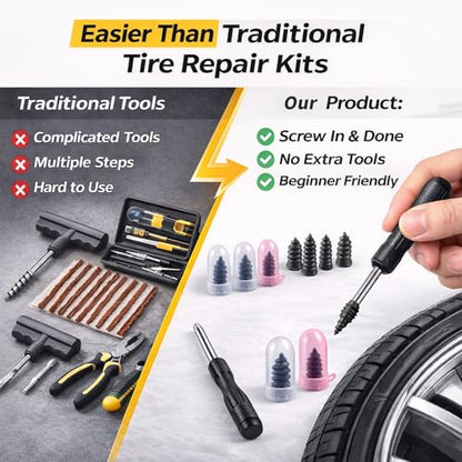 100PCS Tire Plug Kit, Screw in Tire Repair Plugs 50 Small 50 Large with Screwdriver & Storage Box | Emergency Tubeless Tire Puncture Repair Tool for Car Motorcycle Truck