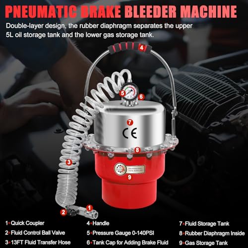 JIFETOR 5L Pneumatic Brake Pressure Bleeder Kit, Air Power Pressurized Master Cylinder Clutch Fluid Bleeding Tool Set with Bleed Machine, Collection Bottle and Adapters, Red Cylinder - color: Red Cylinder