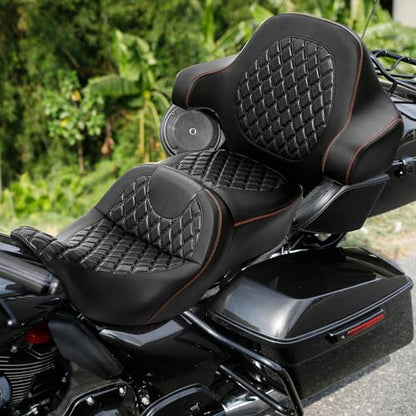 Hammock Seat Motorcycle Driver Passenger Seat with Wrap-Around King Tour Trunk Backrest Pad Sissy Bar fit for Harley Touring Road King FLHR Street Glide FLHX Road Glide FLTRX 2014-2021 - color: A Style Blue + 2 Backrest 01