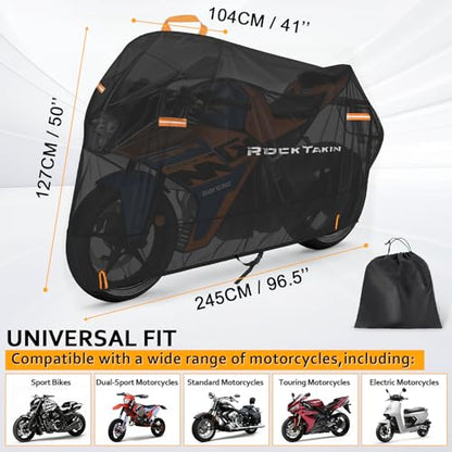 ROCKTAKIN 300D Heavy Duty Motorcycle Cover, Waterproof All Season Outdoor Protection with 4 Reflective Strips & Lock Holes, Fits Most Cruisers, Touring Bikes and Scooters up to 96.5" - size: 96.5"