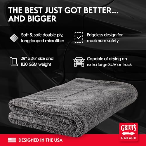 Griot's Garage Extra-Large PFM Edgeless Microfiber Drying Towel for Car Wash and Detailing, Ideal for SUVs, Trucks, and RVs, 29" x 36", 55596
