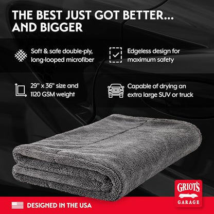 Griot's Garage Extra-Large PFM Edgeless Microfiber Drying Towel for Car Wash and Detailing, Ideal for SUVs, Trucks, and RVs, 29" x 36", 55596