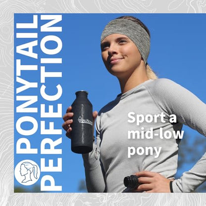 TrailHeads Womens Ponytail Headband - Moisture Wicking Hair Headband for Running, Winter, Workout - Athletic Headband Women - color: black - heather grey