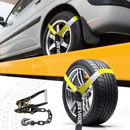 4 Pack Car Tie Down Straps for Trailers - 2" x 96" - 9900LBS Break Strength - Tire Ratchet Straps with Heavy Duty Chain Anchors for Hauling UTV, SUV, Truck, Any Cars - color: Yellow