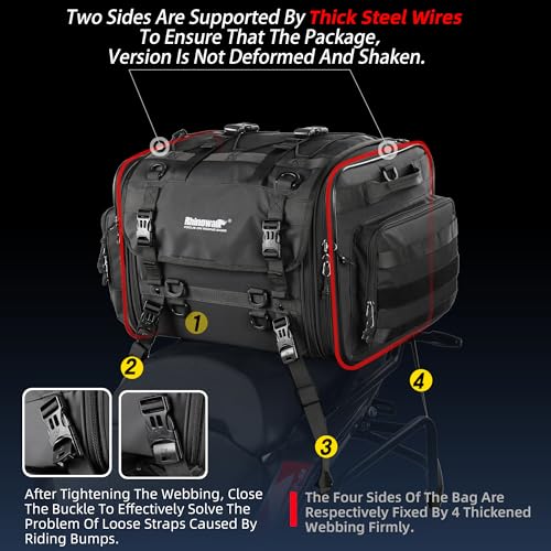 Rhinowalk Motorcycle Tail Bag, Expandable Motorcycle Travel Luggage Bags 80L, Waterproof All-Weather Trunk Rack Bag with Sissy Bar Straps & Helmet Rain Cover-Black - color: Black 60-80L