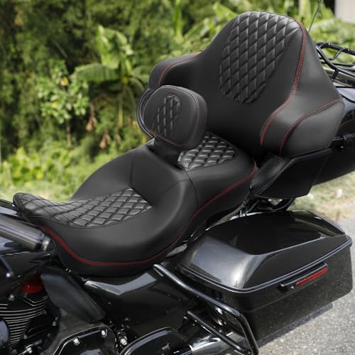 SLMOTO Hammock Passenger Seat Driver Brackrest Wrap Around Backrest Pad fit for Harley Touring Road King Street Glide Road Glide Electra Glide 2014-2023 2 Up Seat Black Red - color: B Style G Black Red + Passenger Backrest