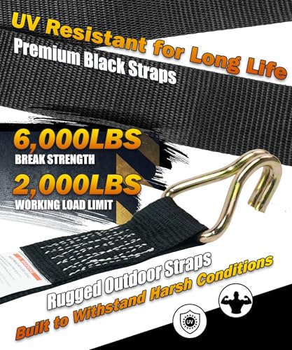 2 Inch Ratchet Straps 6 Pack, 15ft Heavy Duty Tie Down Straps with J Hooks, 6000 LBS Break Strength, 2000 LBS Working Load, Cargo Ratchet Straps for Truck Trailer ATV Motorcycle - color: Black