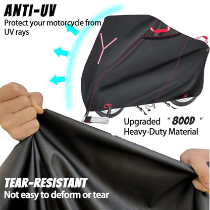 800D Heavy Duty Motorcycle Cover, Outdoor Storage Moped Covers, All-Weather Universal Waterproof Scooter Cover with 3 Reflective Handle、2 pairs Lock Holes and 3 Fixed Buckles - 87" x 37" x 40" - size: (L) 87" x 37" x 40"