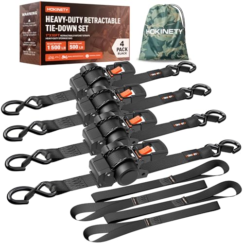 Retractable Ratchet Straps - 1 Inch x 10 Feet, Heavy Duty Handle-Press Auto Self Retracting Tie Down Straps, 1500 lb for Truck, Motorcycle, ATV, UTV, Cargo Trailer, Black 4 Pack