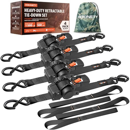 Retractable Ratchet Straps - 1 Inch x 10 Feet, Heavy Duty Handle-Press Auto Self Retracting Tie Down Straps, 1500 lb for Truck, Motorcycle, ATV, UTV, Cargo Trailer, Black 4 Pack