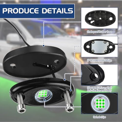 Macarrie 12 Pods Rock LED Lights Waterproof Neon Underglow Trail Rig Lamp Lighting for Car SUV Pickup Truck Motorcycle Boat ATV Utv RZR Rv Offroad Trailer Fender Under Body Golf(Green) - color: Green