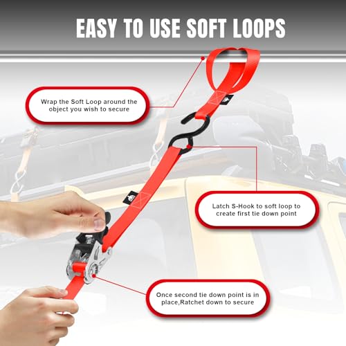 Jack Boss Ratchet Tie Down Straps Set, 1500 lbs Break Strength, 1" x 15' Heavy Duty Ratchet Straps with 4X Soft Loops Padded Handles Coated S Hook, Fits for Moving Appliances Motorcycle, Orange-Red - color: Red