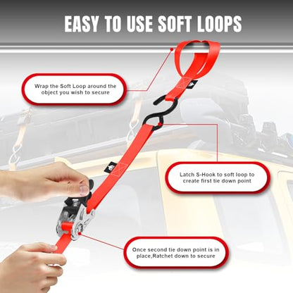 Jack Boss Ratchet Tie Down Straps Set, 1500 lbs Break Strength, 1" x 15' Heavy Duty Ratchet Straps with 4X Soft Loops Padded Handles Coated S Hook, Fits for Moving Appliances Motorcycle, Orange-Red - color: Red