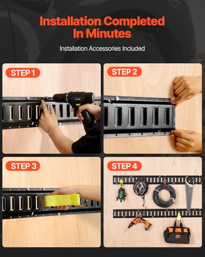 VEVOR E-Track Tie-Down Rail Kit, 5' E Tracks Set, 16Pcs Includes 4 Steel Rails & 2 Single Slots & 6 O-Rings & 4 Tie-Offs w/D-Ring & 2 Ratchet Straps, Cargo Motorcycles Bikes Securing Accessories