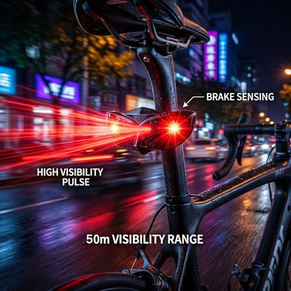 Programmable Bike Tail Light with Automatic Brake Sensing, Flashing Warning & Smart App Control, Waterproof Rechargeable LED Lights for Bicycle and Motorcycle Helmet