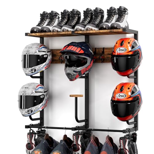Motorcycle Helmet Rack with 6 J-hooks& 6 Clip Hooks – Wall Mounted Helmet Holder Stand for 6 Helmets, Riding Suits & Accessories, Sturdy Construction Storage Organizer for Entryway or Garage - color: 6hook-Retro