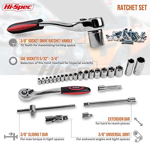 Hi-Spec Tools 67pc SAE Auto Mechanics Hand Tool Kit Set. Complete Car, Motorcycle, Engine & Garage Repairs with Sockets, Ratchet Wrench, Pliers & More - size: SAE_67 PCS