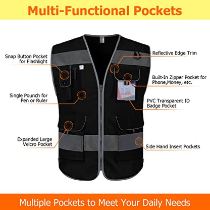 TCCFCCT Safety Vest for Men Women, 9 Pockets High Visibility Reflective Safety Vest, Hi Vis Construction Vest with Reflective Strips, Meets ANSI/ISEA Standards, (Black, Small) - color: Black Fabric-bison 001, size: Small