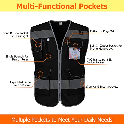 TCCFCCT Hi Vis Vest, 9 Pockets High Visibility Reflective Safety Vest for Men Women, Safety Construction Vest with Reflective Strips, Meets ANSI/ISEA Standards, (Black, Medium) - color: Black Fabric-bison 001, size: Medium