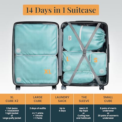Extra Large Compression Packing Cube 6 Piece Set for Travel and Check Luggage by TRIPPED Travel Gear - color: Teal and White