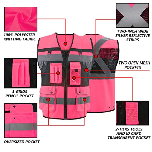 Safety Vest High Visibility Reflective Construction Vest for Men Women - color: Pink, size: Large