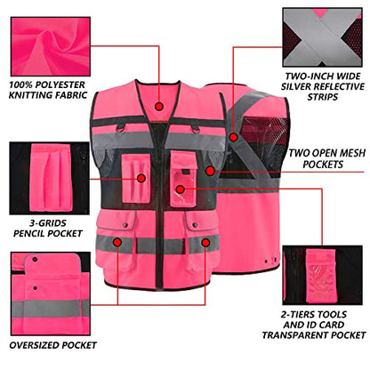Safety Vest High Visibility Reflective Construction Vest for Men Women - color: Pink, size: X-Large