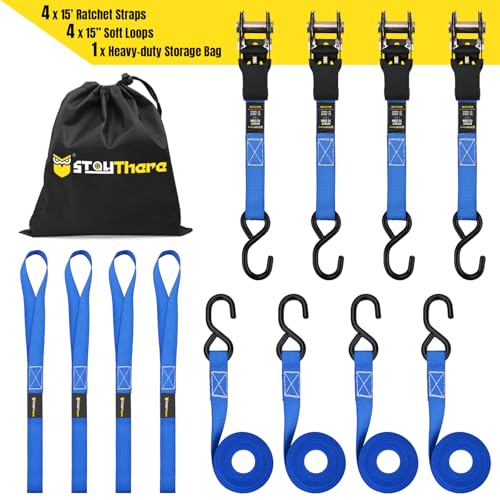 Stay There Ratchet Tie Down Straps 1'' x15', Ratchet Straps with S Hook - 1760lb Break Strength for Securing Motorcycle, Kayak, Truck with Rubber Handles, A Sturdy Bonus Bag & 4 Soft Loops Included - color: Blue