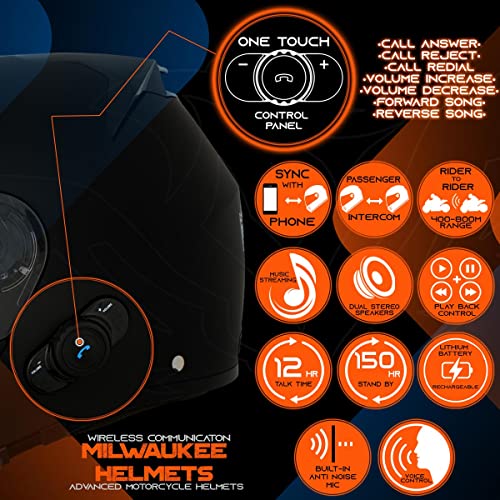Milwaukee Helmets H7005 Flat Black MayDay Modular Full Face Wireless Motorcycle Helmet-Stream Music-Phone Calls