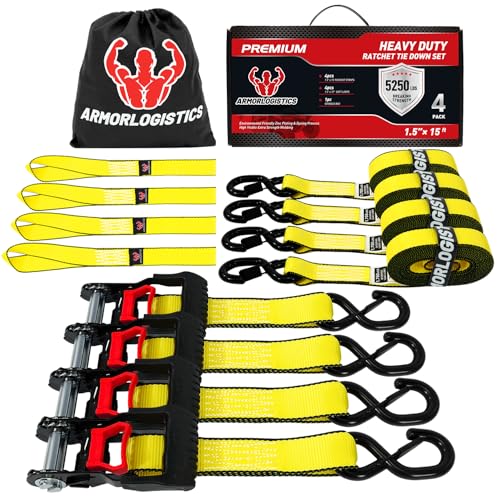Ratchet Straps Heavy Duty (1.5in x 15ft) - 5,250lb Break Strength Motorcycle Tie Downs with 15ft Soft Loops - 4Pack Ratchet Tie Down Straps for Motorcycles, Truck, Cargo, Storage Bag (Yellow) - color: Yellow, size: 5250 lb