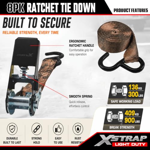 XSTRAP STANDARD Ratchet Straps, 900 LB Break Strength, 8-Pack 10FT Ratchet Tie Down Straps Set for Motorcycle Straps Tie Downs, Appliances, Lawn Equipment, Logistic Cargo Straps for Trucks(Camouflage) - color: Camouflage
