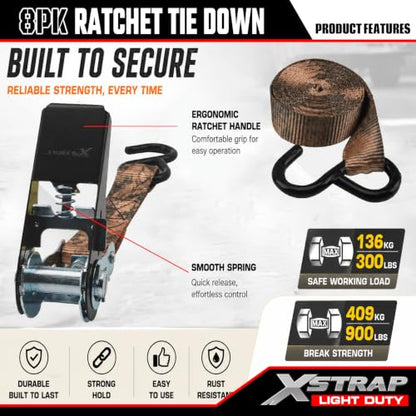 XSTRAP STANDARD Ratchet Straps, 900 LB Break Strength, 8-Pack 10FT Ratchet Tie Down Straps Set for Motorcycle Straps Tie Downs, Appliances, Lawn Equipment, Logistic Cargo Straps for Trucks(Camouflage) - color: Camouflage