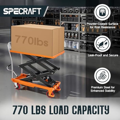 SPECRAFT 770lbs Hydraulic Lift Cart, 59" Height Double Scissor Table with 4 Wheels & Non-Slip Pad, Material Handling Platform, Orange - size: 770 lbs