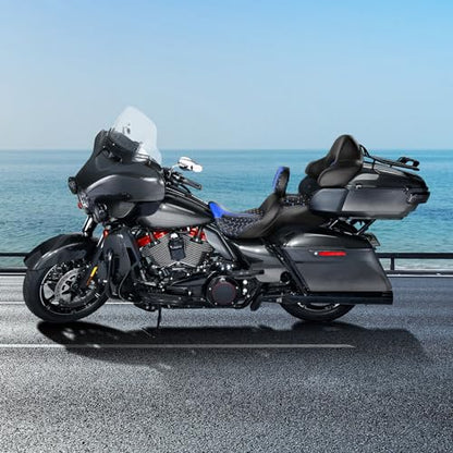 Extended Reach & Max Profile Seat Gel Rider Cushion with Rider Backrest and King Tour Pack Trunk Backrest Pad fit for Harley Touring Road King Street Glide Road Glide Electra Glide 09-2023 Black Blue - color: Gel Style A Blue Seat + 2 Backrest