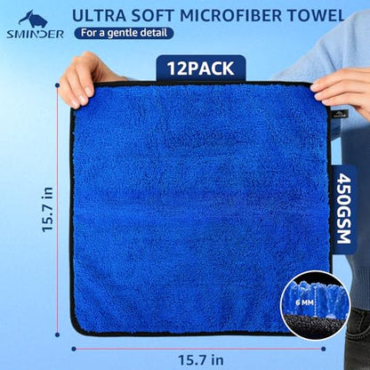 SMINDER 12-Pack Microfiber Cleaning Cloth, Car Drying Towels Car Detailing– XL Microfiber Towels for Cars, Trucks (15.7" x 15.7"), Ultra-Absorbent, Streak-Free, Scratch-Free, No Water Spots - color: Blue