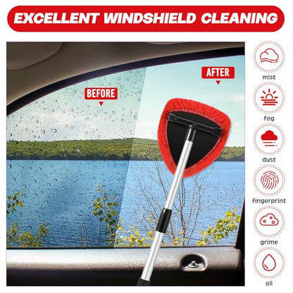 Potchen 8 Pcs Car Windshield Cleaner Tool Kit with Extendable Handle, Microfiber Towel Pads, Brush, Empty Spray Bottle for Auto Glass Wiper Suvs Rvs & Home Windows(Red) - color: Red