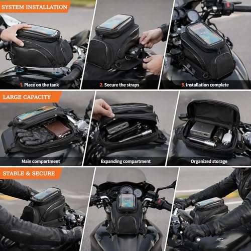 Motorcycle Tank Bag for GAS GAS EC 250 2015–2026, Magnetic & Strap Mount, Waterproof Black Fuel Pouch, Clear Touch Screen Phone Pocket, Anti-Slip Base Motorbike Luggage