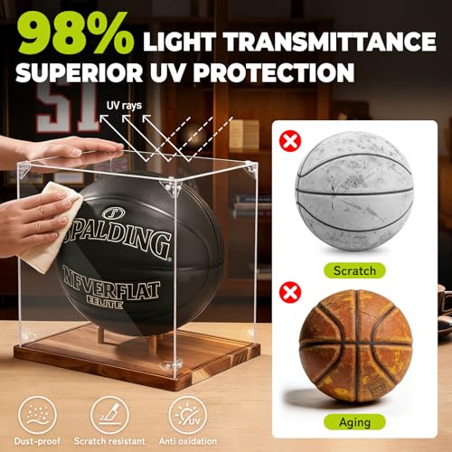 Basketball Display Case Acrylic Clear 10" Full Size with Solid Wood Base, UV Protected Soccer Display Stand Box for Autographed Standard NBA WNBA Ball Memorabilia Keepsake Ideal Gift Athlete - size: 13.6ln×12.4ln×1.6ln