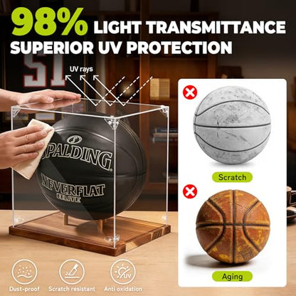Basketball Display Case Acrylic Clear 10" Full Size with Solid Wood Base, UV Protected Soccer Display Stand Box for Autographed Standard NBA WNBA Ball Memorabilia Keepsake Ideal Gift Athlete - size: 13.6ln×12.4ln×1.6ln