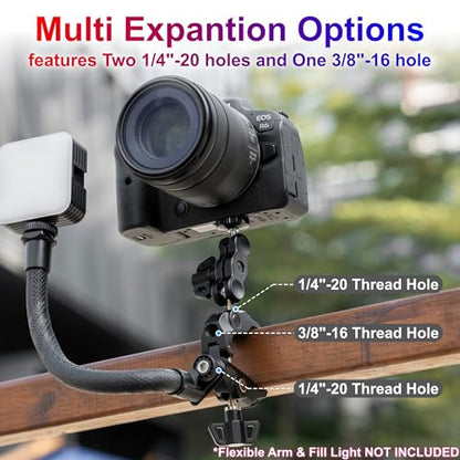 JJC Super Clamp Camera Mount, Dual Ballhead Aluminum Pole Mount w. 1/4“-20 & 3/8"-16 Thread Hole, Action Camera Mount and Phone Clip, for DJI Osmo Action GoPro, Crab Clamp for Desk Tripod Tube Rod - color: Black -Universal